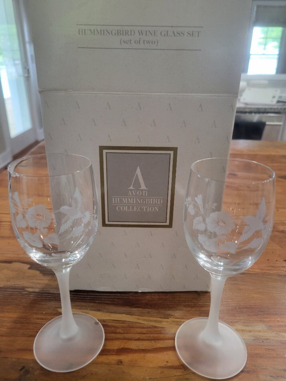 Avon Hummingbird Collection Wine Glasses Set Etched Set of 2 Vintage